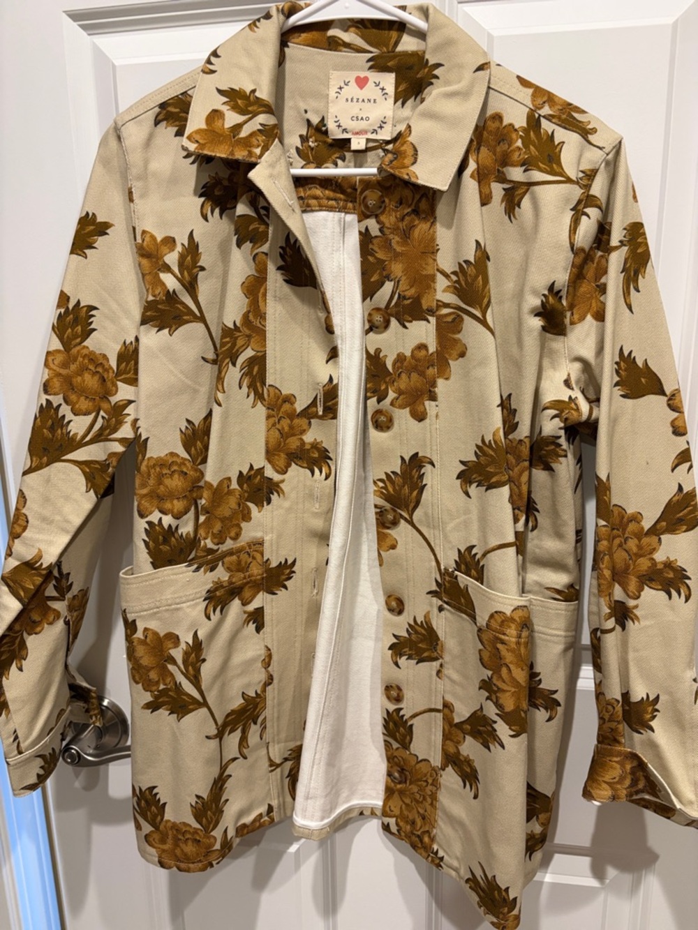 Sezane Cream Jacket with Warm Brown Floral Print